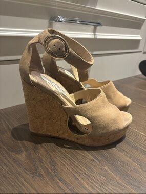 Jimmy Choo Beige Suede Cork Platform Wedge Sandals with Ankle Buckle